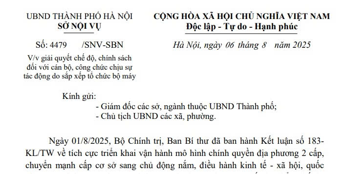 Đã có Công văn 4479/SNV-SBN về thời điểm kết thúc chế độ chính sách cho cán bộ công chức tại NĐ 178 NĐ 67 tại HN