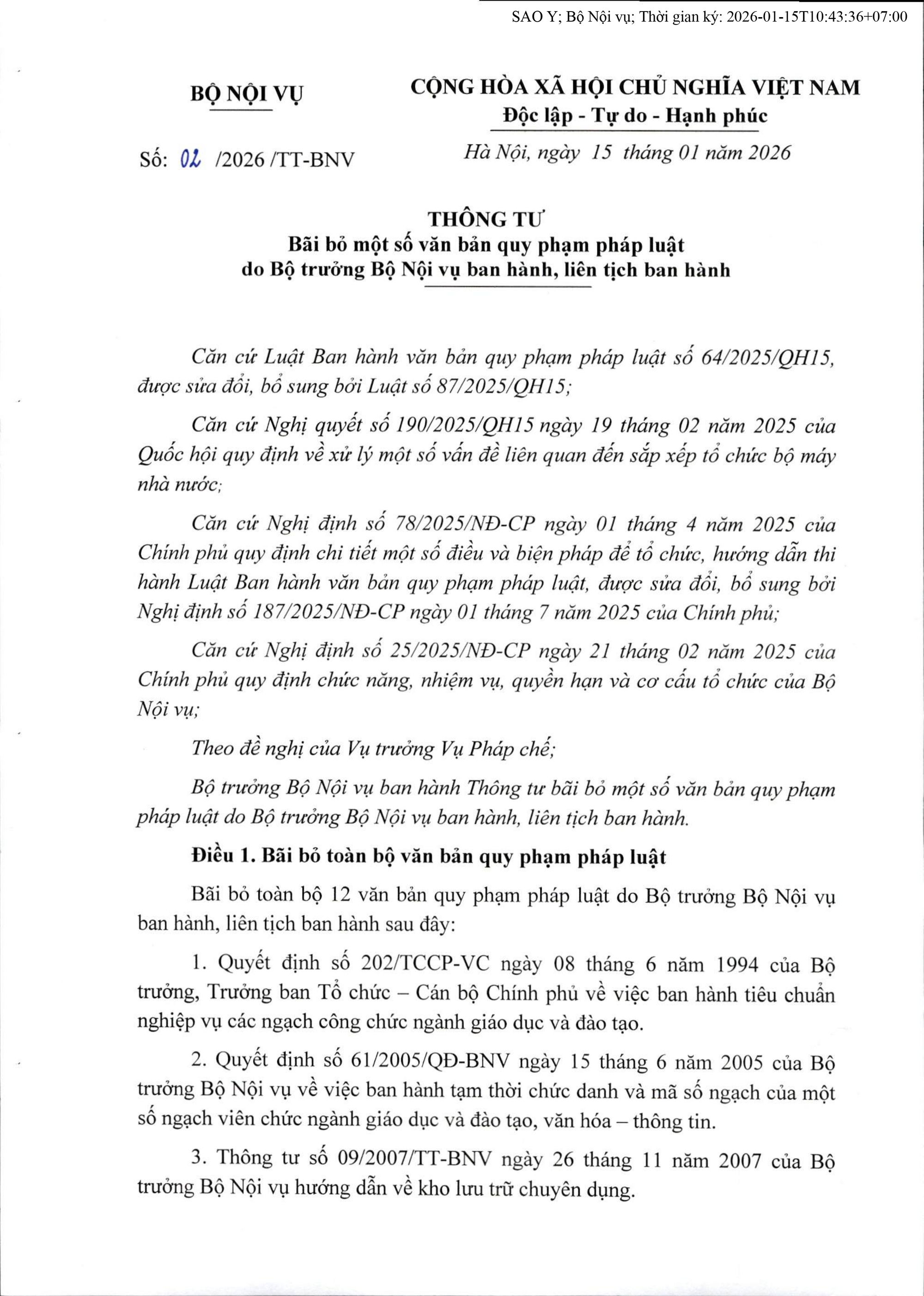 Từ 1/3 bãi bỏ toàn bộ 12 quyết định, thông tư về quản lý công chức, viên chức, thanh tra, lưu trữ...